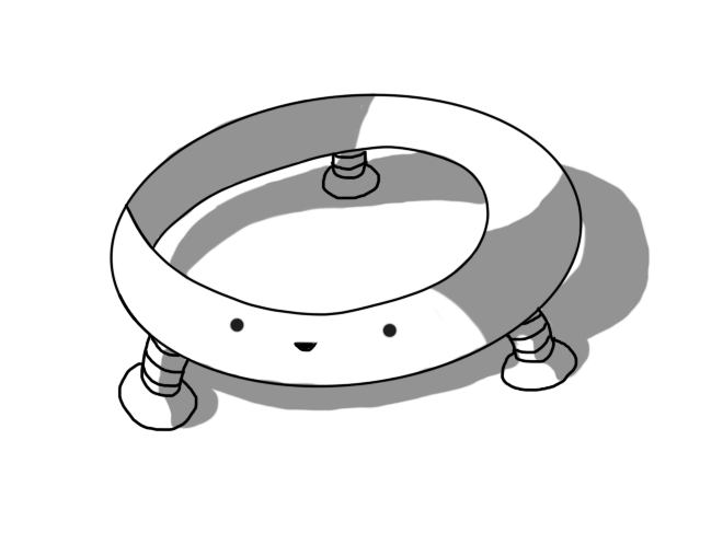 A robot in the form of a möbius strip on its side, with three banded legs around its perimeter and a smiling face on the front.