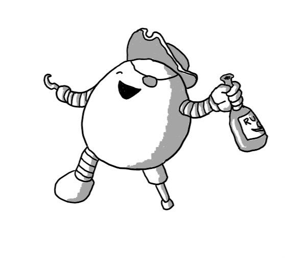 An ovoid robot with one wooden leg, a hook for one hand and a bottle of rum in the other, wearing an eye-patch and a tricorn hat, leaning back and laughing uproariously with its good eye closed.