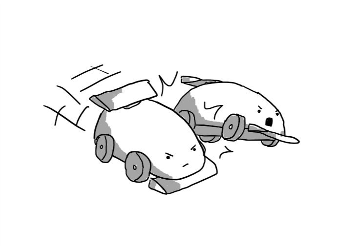 Two robots, styled like rounded, simplified open-wheel racing cars. Each has a front wing and a spoiler at their rear. One is zooming forward with a determined expression on its face, while bumping the other out of its path. The bumped robot is in mid-air and had a look of appalled indignation.