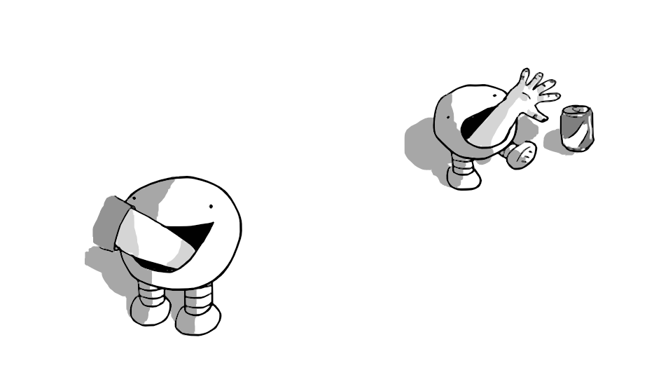 Two spherical robots with banded legs and large mouths, some distance apart. An arm is reaching into one's mouth, while a hand emerges from the mouth of the other to get at a drinks can that's next to it.