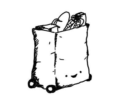 a smiley robot taking the form of a large, reusable shopping bag filled with groceries. runs along on four little wheels.