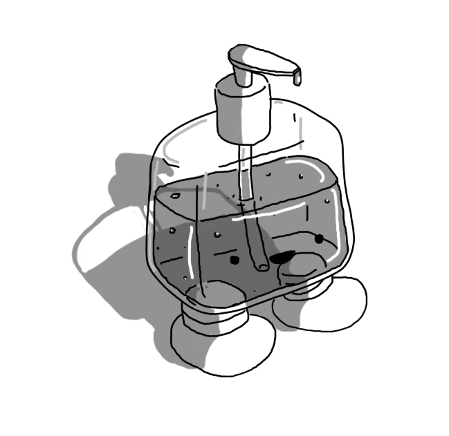 A robot in the form of a liquid soap dispenser, with banded legs on its base and its smiling face on the front of the container near the bottom.