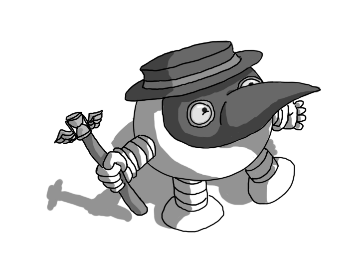 A spherical robot with banded arms and legs, dressed in the regalia of the apocryphal medieval plague doctor. It has a black, flat-topped hat, carries a staff capped with a winged hourglass and wears a large, black mask with a bird-like beak and lenses over its eyes.