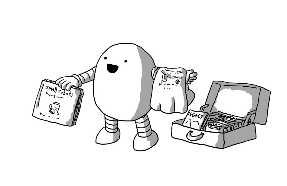 An ovoid robot with banded arms and legs, holding out a small robots book in one hand while a Unicornbot t-shirt is draped over its other arm. The robot is shouting something while beside it on the ground is an open suitcase full of copies of the novel Legacy by Thomas Heasman-Hunt.