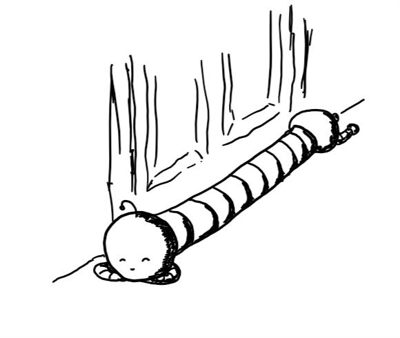 a robot consisting of a spherical front section with a little sleeping face and a drooping antenna, resting peacefully on its folded arms, connected to a long, banded body with another spherical section at the end that has little splayed legs attached. the robot is lying in front of a door, like a draft excluder