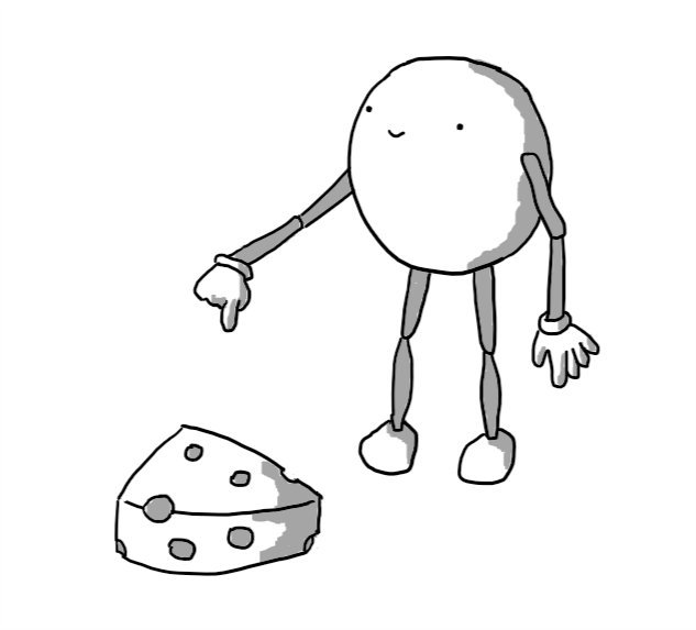 A round robot with long, jointed limbs, pointing proudly at a wedge of Swiss cheese.