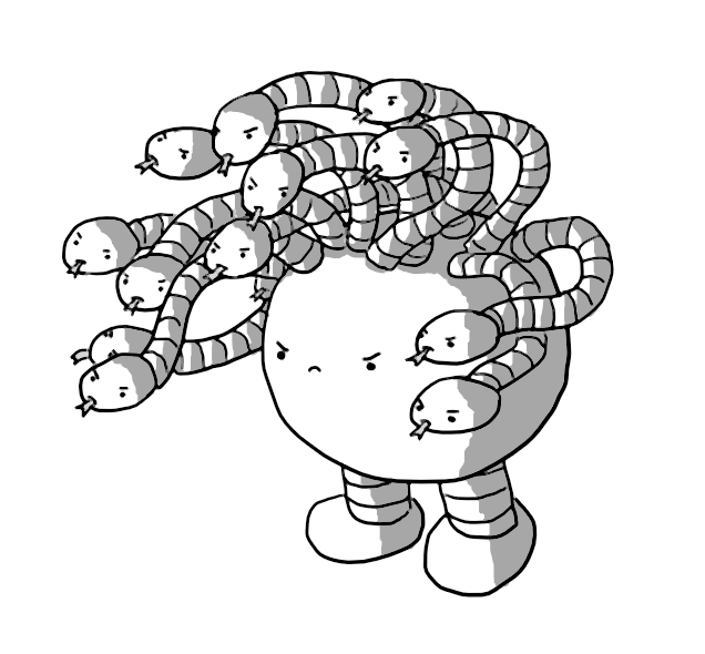 An angry, spherical robot with banded legs. Its head is crowned with thirteen (visible) robotic snakes on long, banded necks, all arching upwards and sticking their tongues out at whatever the target of the Gorgonbot's ire is.