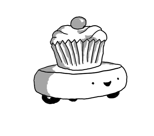 A robot shaped like a fat, slightly round-edged disc, with three little wheels on the bottom set in a triangle. It has a cupcake with a cherry on top set on its flat upper surface, and a very happy expression on its face, which is on one of its edges.