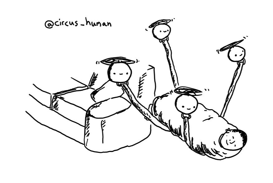 Four spherical robots with propellers on their tops carrying a sleeping, bundled up person away from a sofa using cables attached to their undersides to support the weight.