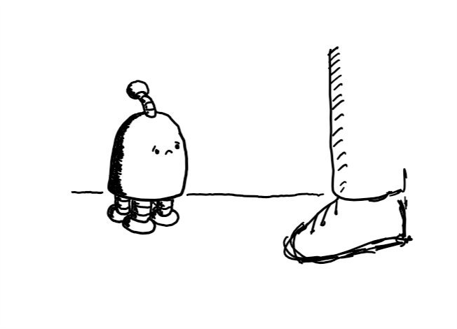 A little round-topped robot with four little legs, a small antenna and a sad face stands in front of someone.