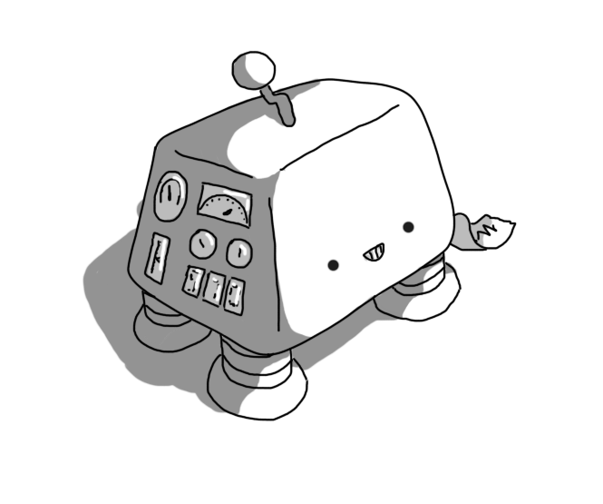 A grinning, trapezoid robot with four banded legs on the underside and a zigzag antenna. There are various dials, gauges and meters on one side and a strip of paper being extruded on the other.