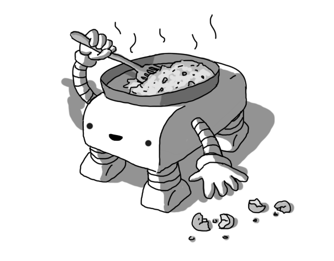 A robot shaped like a rounded cuboid with four banded legs on its underside and two banded arms on either long side. Its face is on the front curved surface, smiling happily, and it has an integrated pan on its top in which it's cooking an omelette using a spatula. A couple of broken egg shells are on the floor beside it.
