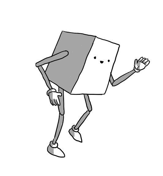 A smiling, cuboid robot with jointed arms and legs, midway through the distinctive motions of the robot dance, one foot raised as its arms move stiffly at angles, palms and fingers held in flat blades.