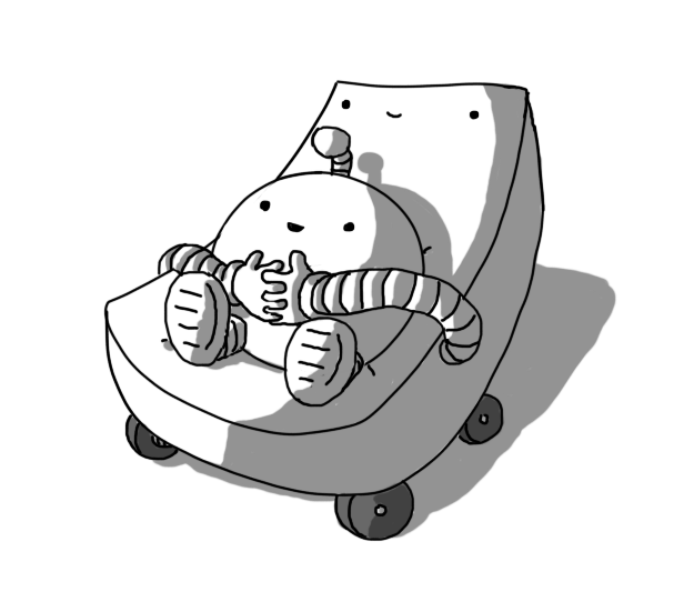 A robot in the form of a sort of single-piece concave chair with four little wheels on the bottom and banded arms on either side. Its face is at the top end. A Mondaybot (or possibly a Fridaybot) is sitting in it, held in place by the Carrybot's arms and its fingers which are laced across its passenger's middle.