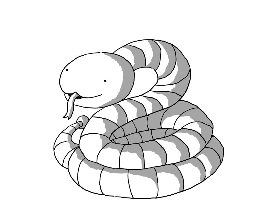 A robot snake. Its head is a smooth ovoid with a curved mouth bisecting its front from which protrudes a long, forked tongue. Its body is one long, banded small robot limb, coiled into a spiral. A small bobble is attached to the tip of its tail, which languishes beside it.