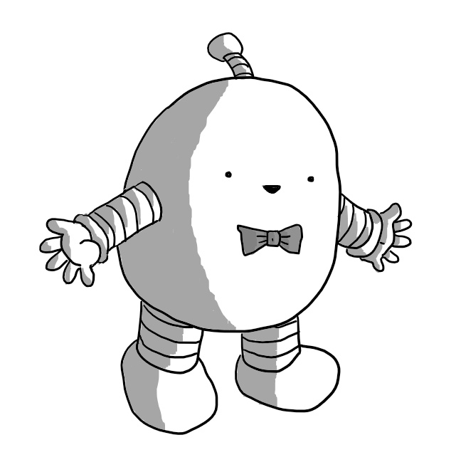 A rounded robot with banded arms and legs and an antenna, wearing a bowtie and smiling as it holds out its arms.