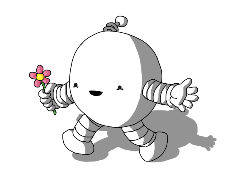 A spherical robot with banded arms and legs and a coiled antenna, skipping along and beaming as it holds a pink flower in one hand.