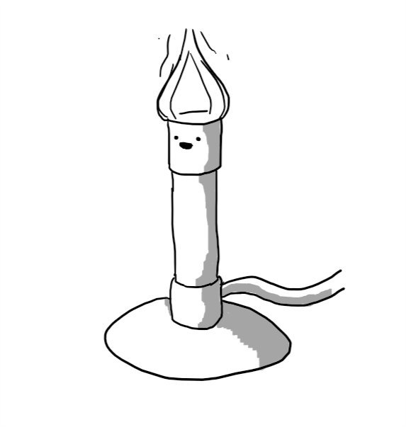 A robot in the form of a bunsen burner, with a little happy face just below the flame.