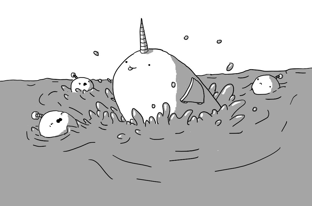 An ovoid robot with hinged flippers on its sides and a banded horn on its head bursts through the surface of the sea, surprising three Bobbots, who reel backwards with expressions of shock, fear and dismay. For its part, Narwhalbot seems perfectly happy, sticking out its tounge.