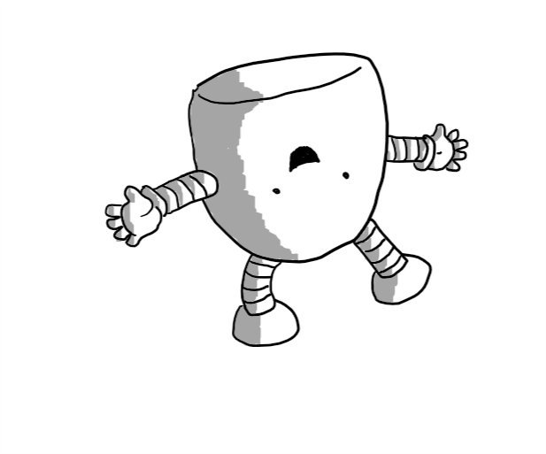 A round-topped robot with banded arms and legs, except its body (and cheerful face) is upside-down.