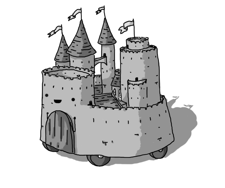 A robot in the form of a wheeled stone castle. It has a raised drawbridge on a rounded gatehouse which features its smiling face, a high, encircling wall, a second turret and a number of tall towers with conical roofs, two of which are connected by a slim walkway. A number of other buildings with tiled roofs cluster within the walls, and long flags fly from several turrets and towers.