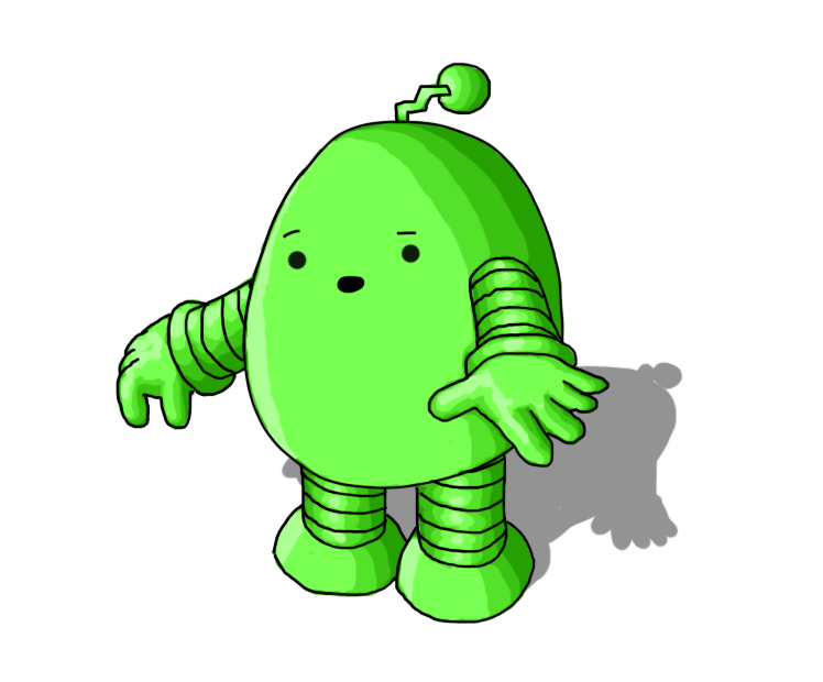 A rounded robot with banded arms and legs and a zigzag antenna, coloured entirely green. It's holding out its arms and looking down at itself a little quizzically.