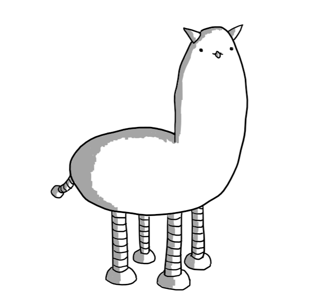 A robot alpaca. It has no nose and its tongue is sticking out.