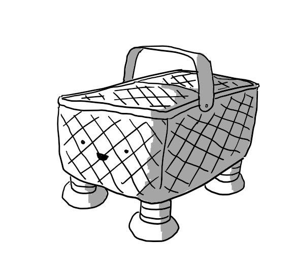 A robot in the form of a traditional wicker picnic basket with a handle and two flaps on the top. It has cheerful face on one of the shorter sides and four banded legs on its base.