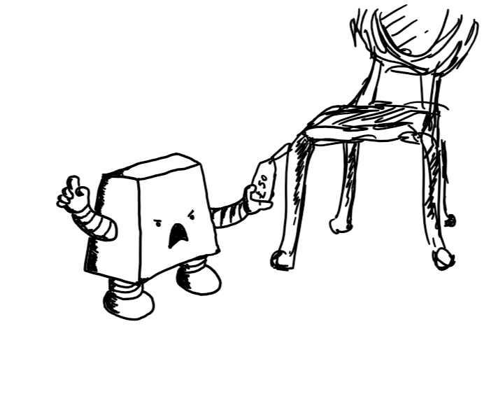 A flattish trapezoid robot with an angry, yelling face, holding a price tag labelled £50 that is attached to an antique dining chair.