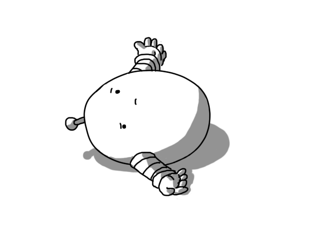 An ovoid robot with banded arms and an antenna but no legs. It's lying on its side on the ground and looks a bit perplexed about the situation.