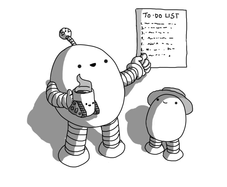 An ovoid robot with banded arms and legs and an antenna that has "5.2" on it,  holding a smiling Teabot as it points to a big to-do list mounted on the wall. Next to it, about half its size, is Bigbot wearing a hat that fits perfectly.