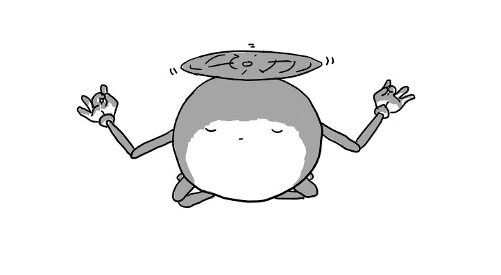 A spherical robot with jointed arms and legs, held aloft by a propeller on its top. It's floating with its legs crossed beneath it and its arms held out with the thumb of each hand touching the middle finger. Its eyes are shut and its expression is calm.