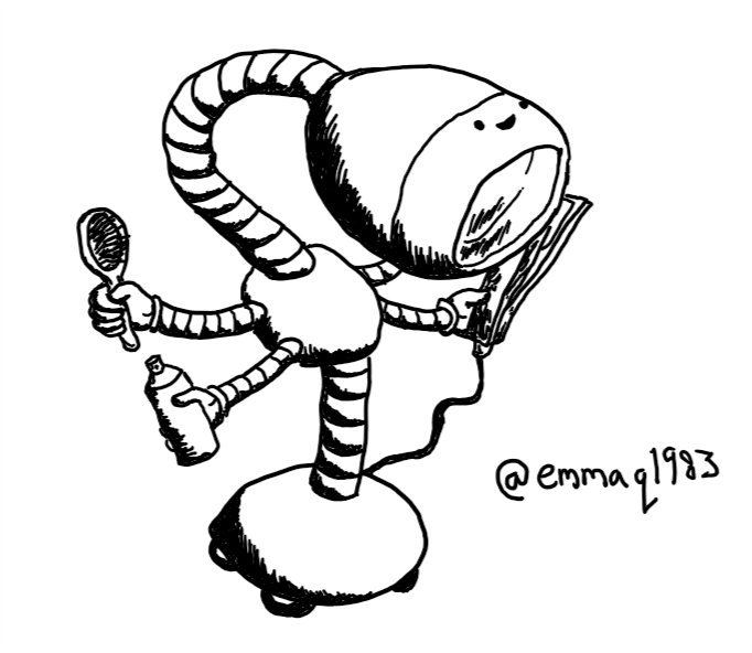 A robot with a salon-style blow dryer for a head, with its cheerful face on the front. A banded neck snakes down from behind to connect to an ovoid body which has four arms extending from it, with hands holding a hairbrush, hairspray and straighteners (the fourth hand is hidden by its head). Another banded connector joins its body to a low, rounded section on the ground which has four little wheels.