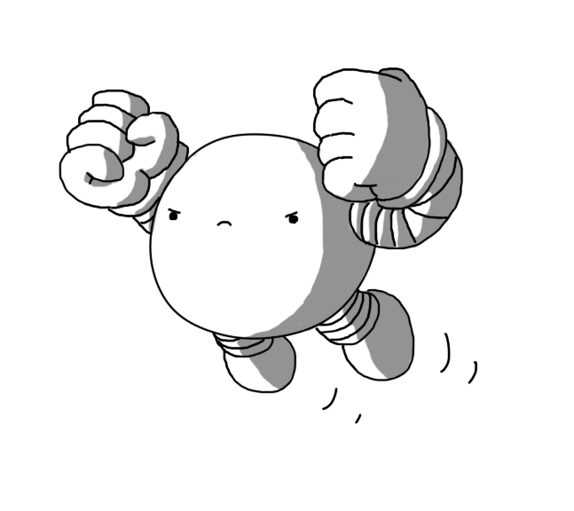 An angry, spherical robot with banded arms and legs. It's leaping through the air with its overlarge fists clenched ahead of it.