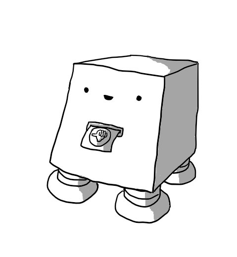 A cuboid robot with an angled front supported by four sturdy banded legs. A slot below its smiling face is issuing a  piece of paper with a round adhesive sticker attached, depicting a 'thumbs up' symbol.