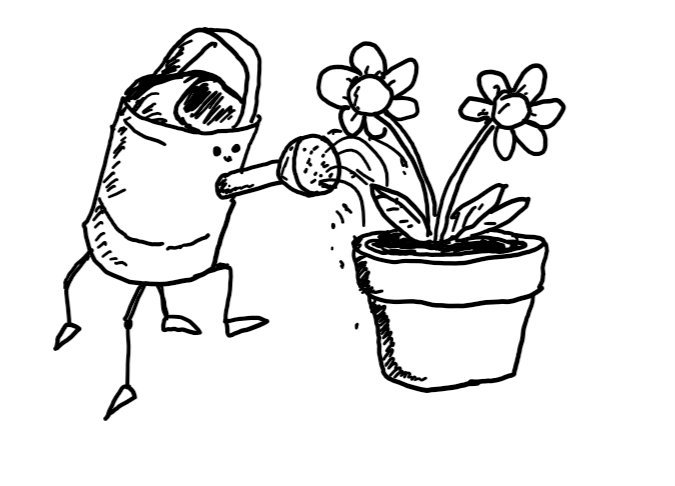A four-legged robot shaped like a watering can, watering a pot containing two flowers. It wears a contented expression.