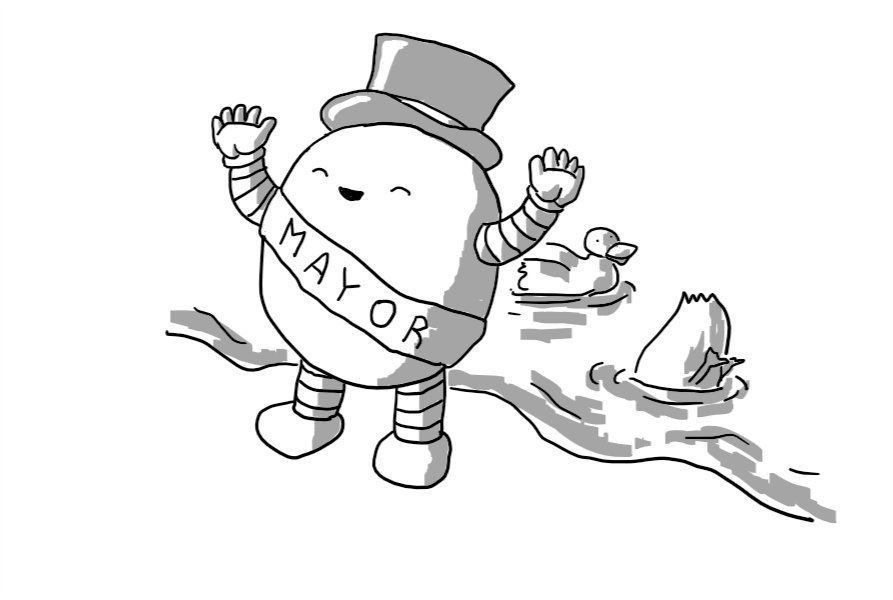 A round robot with banded arms and legs, wearing a sash that reads 'MAYOR' and a shiny top hat. It's waving with both hands and smiling with its eyes closed beside a body of water which contains two ducks.