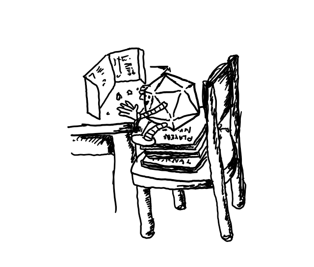 a robot shaped like a 20-sided dice, sitting at a table with a folded screen in front of it and some dice near its hands. the robot is propped up on its chair by a stack of D&D rulebooks.