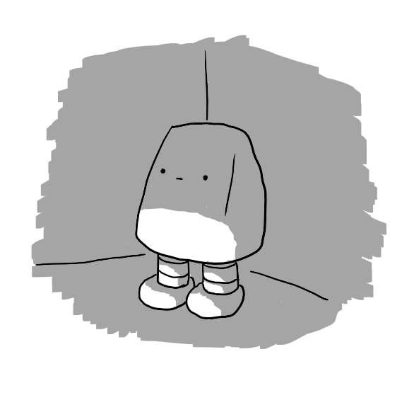 A wedge-shaped robot on two banded legs with no arms and a blank expression on its face stands in a darkened corner of a room.