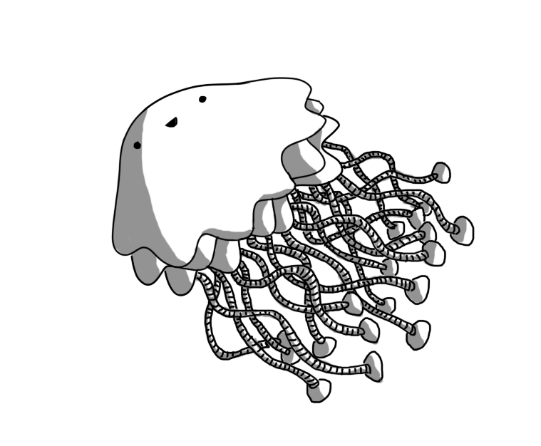 A robot in the form of a jellyfish. It has a layered, frilled body with a smiley face on top and a lot of thin, banded tentacles on its underside, each with a little round foot on the bottom.