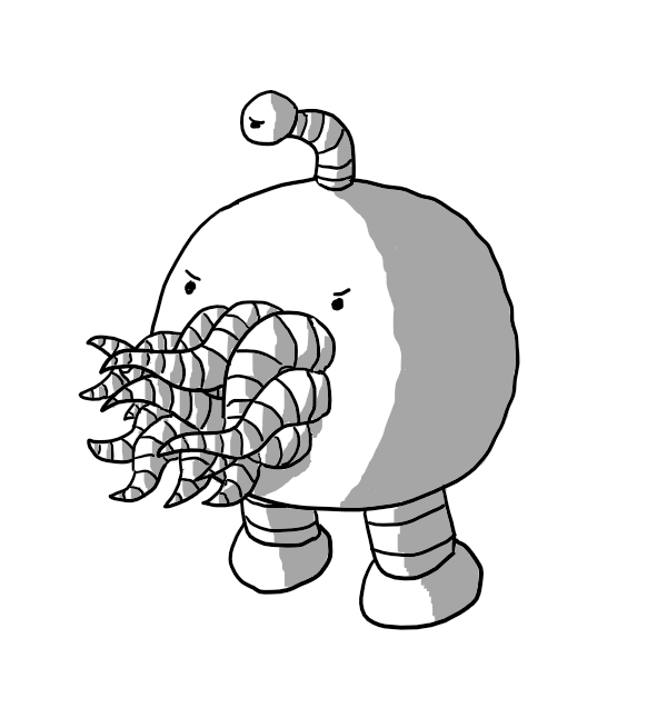 A round robot with short, banded legs. It has an angry expression and its face is a mass of writhing, banded tentacles, while an antenna sports a third angry eye that stares balefully out.