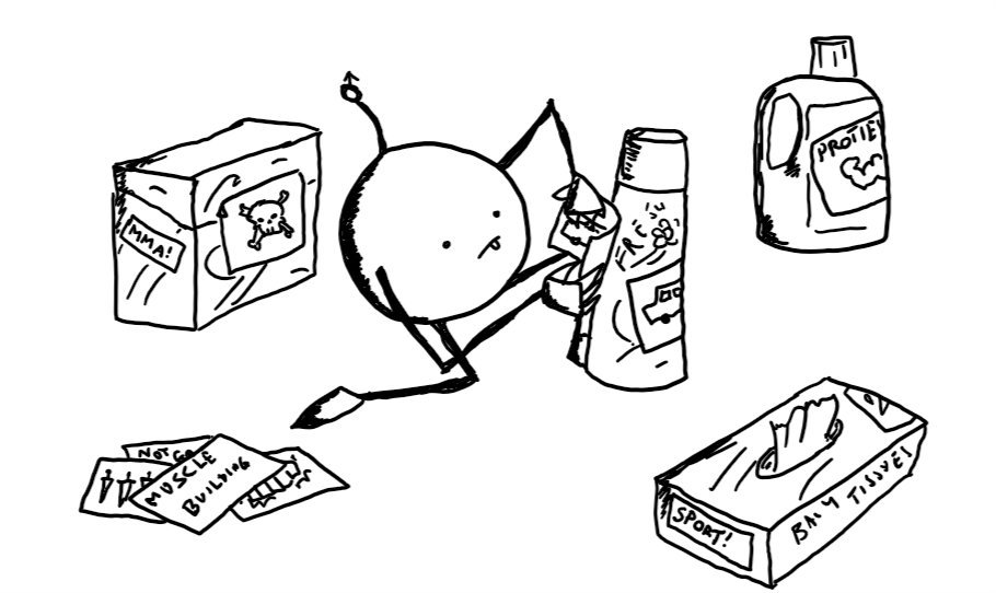 A round robot with slim, jointed limbs and an antenna tipped with a 'male' symbol kneeling beside a can of air freshener and applying a sticker of a picture of a car to it. It already has another similar sticker attached. Around the robot are cleaning products and tissues that have stickers saying things like 'SPORT!', 'MMA!' and 'PROTEIN' or skulls and knives on them.