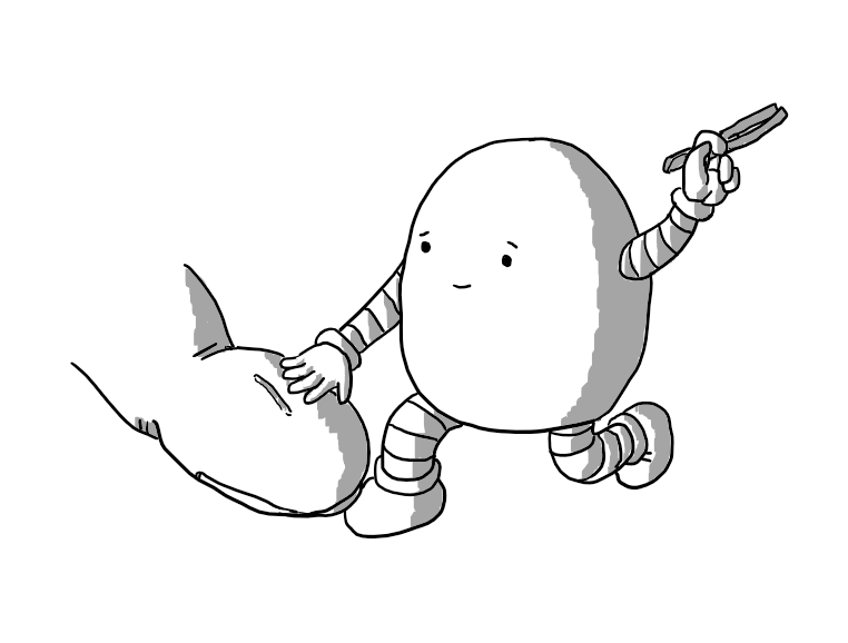 An ovoid robot with banded arms and legs, kneeling beside someone's outstretched finger that has a splinter embedded in it. It has one hand resting tenderly on the finger while it brandishes a little pair of tweezers in the other. Its facial expression is reassuring.