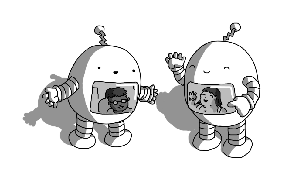 Two ovoid robots with banded arms and legs and zigzag antennae. They have screens on their tummies, each of which displays a person, and the robots are mimicking the actions and expressions of their respective users.