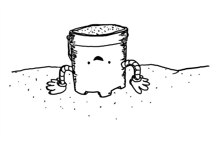 A happy robot castle-shaped bucket filled with sand on a beach. It's upside-down, with its hands pressed on the ground, about to flip itself over to make a sand castle.