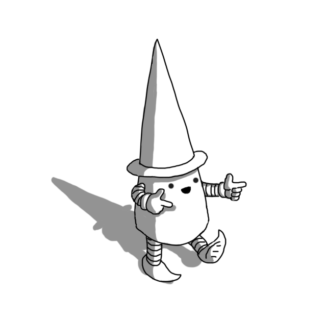 A conical robot wearing a tall, pointy hat. It has banded arms and legs, is pointing with both hands and it's wearing shoes with curled points.