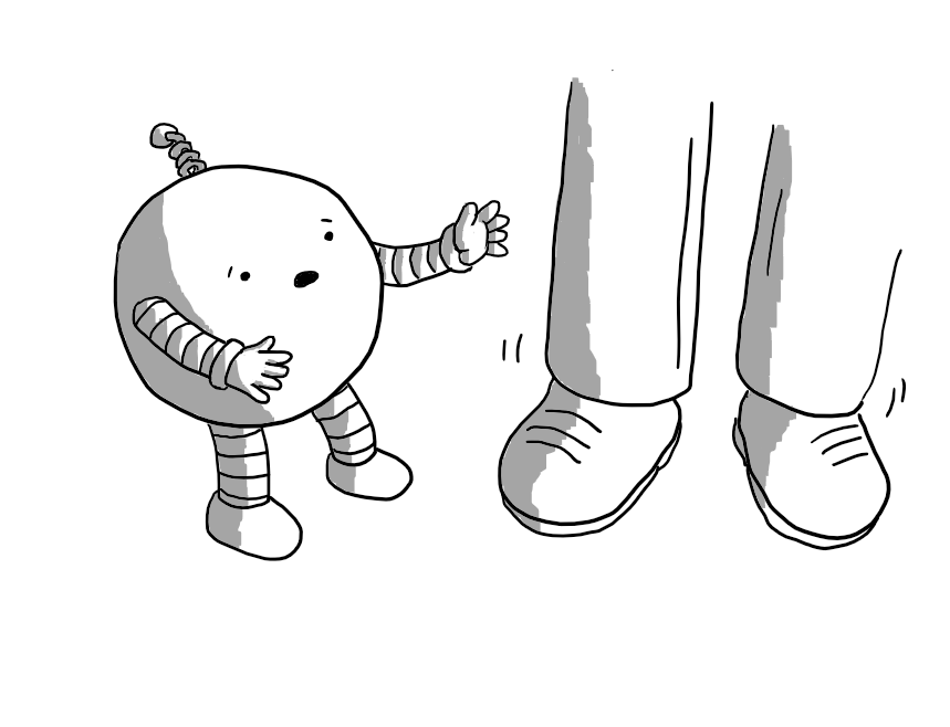 A spherical robot with banded arms and legs and a spiral antenna holding out its hands to a person's legs that are wobbling unsteadily. It has an expression of alarm on its face.