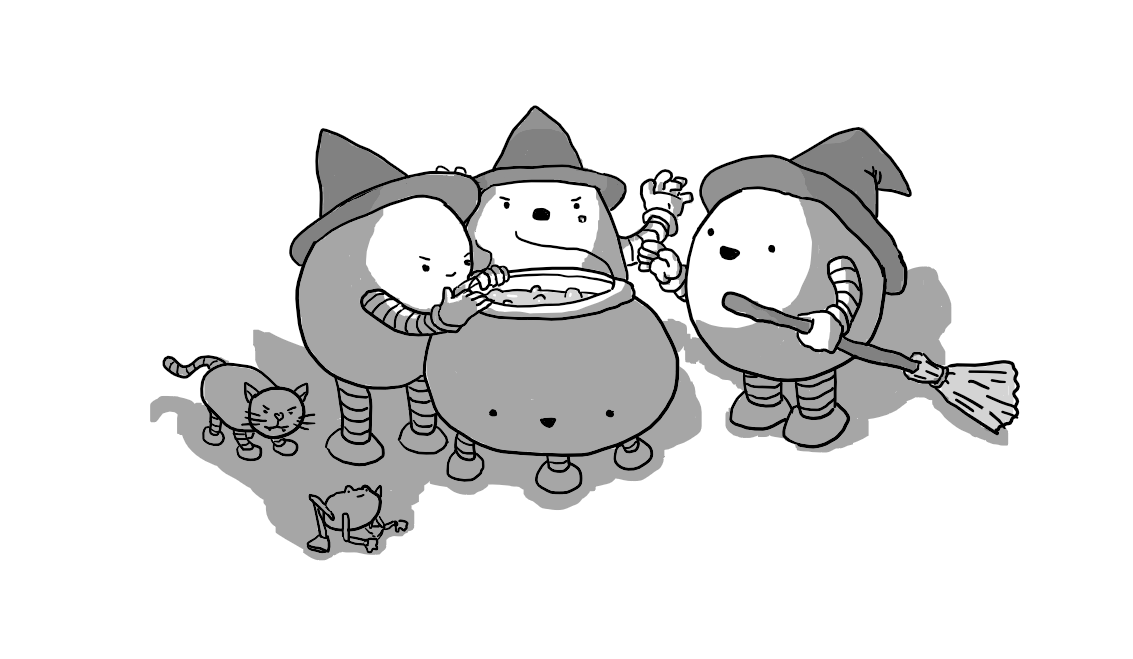 Three robots in witch hats standing around a robot cauldron with legs. One is looking into the glowing contents with a malevolent smile, one (with a wart) is raising its hands, speaking some sort of spell, and one is holding a broomstick. In the shadows at their feet, a Cattobot stalks an oblivious Frogbot.