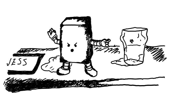 a cuboid robot with banded arns and legs stands on the top of a grubby bar holding up one hand and pointing with the other. its expression is annoyed with its mouth open mid-shout.