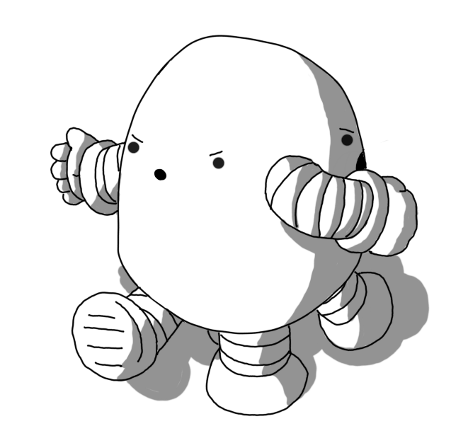 A round-topped robot with four legs and two arms. It has a face on either side of its body, and its arms face different directions. Its feet are trying to walk opposite ways, and both faces look very annoyed.